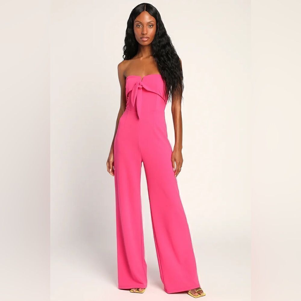 Lulus Ready to Impress Hot Pink Strapless Tie-Front Wide-Leg Jumpsuit Size XS
